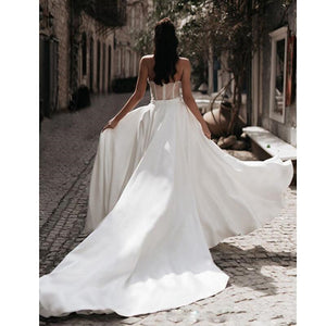 Jumpsuit Wedding Dress with Detachable Train Sweetheart Satin Lace Appliques - A Thrifty Bride Shop