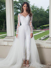 Load image into Gallery viewer, Illusion Long Sleeve Wedding Jumpsuit With Detachable Train Sheer Jewel Neck Lace - A Thrifty Bride Shop