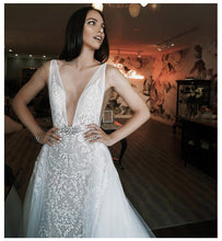 Load image into Gallery viewer, Sexy Illusion  Wedding Dress With  Long Train Deep V Neck And Low Back Lots Of Appliques