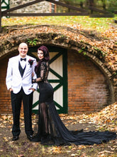 Load image into Gallery viewer, Gothic Black Lace Mermaid Bridal Dress With Long Sleeves See Through Back And Sweep Train