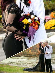 Gothic Black Lace Mermaid Bridal Dress With Long Sleeves See Through Back And Sweep Train