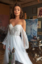 Load image into Gallery viewer, Elegant Bohemian Lace Beach Wedding Dress With Long Sleeves Off The Shoulder And Flowing Skirt
