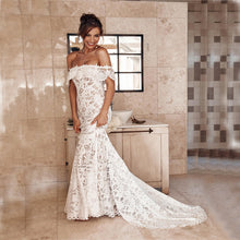 Load image into Gallery viewer, The Sales Rack-Sexy Lace Boat Neck Off Shoulder Boho Mermaid Bridal Dress With Sweep Train Pretty Beach Bride Dress