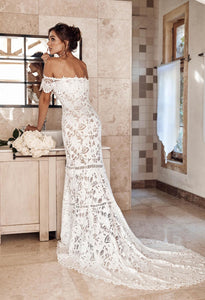 The Sales Rack-Sexy Lace Boat Neck Off Shoulder Boho Mermaid Bridal Dress With Sweep Train Pretty Beach Bride Dress