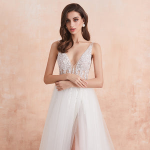 The-Sales Rack Sexy High Split Beaded Low Cut A Line Backless Bridal Gown