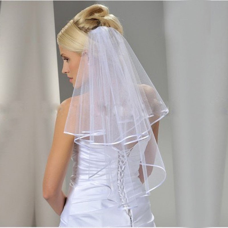 Two Layers Ribbon Edge Short Veil With Comb Bridal Accessory