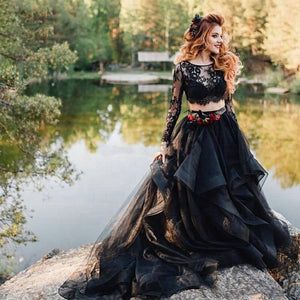 Beautiful Black Two Piece Goth/Alternative Princess Bridal Dress With Long Sleeves Lace And Tulle Embellished Skirt