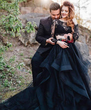 Load image into Gallery viewer, Beautiful Black Two Piece Goth/Alternative Princess Bridal Dress With Long Sleeves Lace And Tulle Embellished Skirt