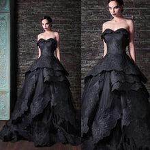 Load image into Gallery viewer, Stunning Corset Gothic Black Bridal Dress Vintage Features Tiered Ruffles And Lace Ball Gown Skirt With Sweep Train And Tie Up Back