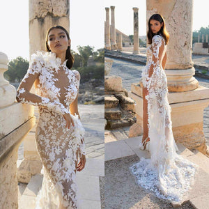 Beautifully Elaborated Sheer Long Sleeves And High Collar Illusion Lace Applique Wedding Dress With High Side Slit