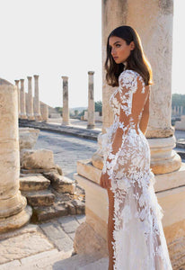 Beautifully Elaborated Sheer Long Sleeves And High Collar Illusion Lace Applique Wedding Dress With High Side Slit