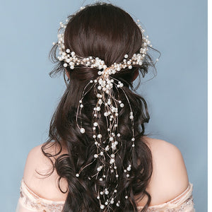 Beautiful Handmade Crystal And Pearls Long Tiara Headband Accessory