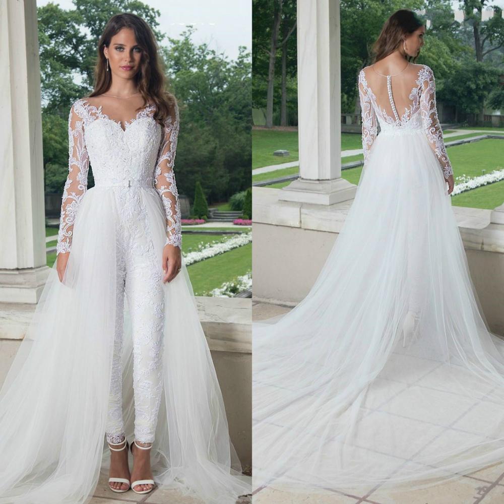 Alternative Bride White Jumpsuit Wedding Dress With Detachable Train Long Sleeves And Lace Applique