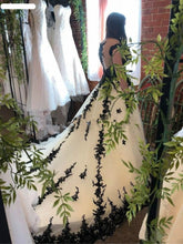 Load image into Gallery viewer, Gothic Corset Lace Bridal Dress Sexy Capped Sleeves Sheer Neck Appliques And Court Train