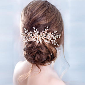 Trendy Leaf Pearl Rose Gold Bridal Hair Comb Headpiece Accessory