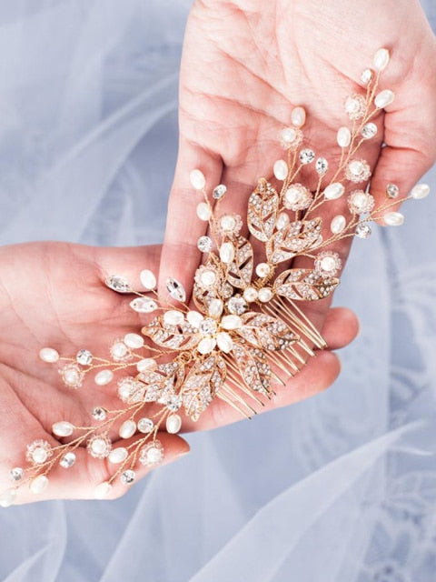 Trendy Leaf Pearl Rose Gold Bridal Hair Comb Headpiece Accessory