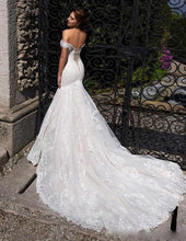 Load image into Gallery viewer, Custom Made Off the Shoulder Mermaid Wedding Dress With Sweep Train And Beautiful Lace Appliques