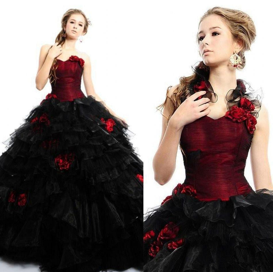 Gothic Sweetheart Red and Black Victorian Ball Gown Bridal Gown With Ruffled Skirt And Detachable Straps