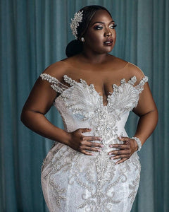 Stunning Plus Size Embellished In Crystal Mermaid Wedding Dress With Long Train Custom Made