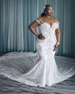 Stunning Plus Size Embellished In Crystal Mermaid Wedding Dress With Long Train Custom Made