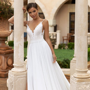 The Sales-Rack Charming Spaghetti Straps Boho Bridal Gown Side Split Made In Chiffon Features Sexy Back
