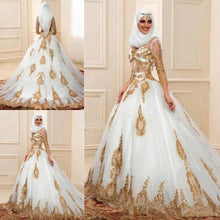 Load image into Gallery viewer, Luxury Multi Cultural Ceremonial Bridal Dress High Neck 3/4 Sleeves Gold Appliques Custom Made Very Elegant