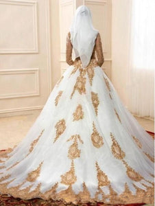 Luxury Multi Cultural Ceremonial Bridal Dress High Neck 3/4 Sleeves Gold Appliques Custom Made Very Elegant
