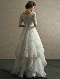 Vintage Wedding Dress With Half Sleeves Organza Appliques And Lots Of Floor Length Ruffles In Skirt