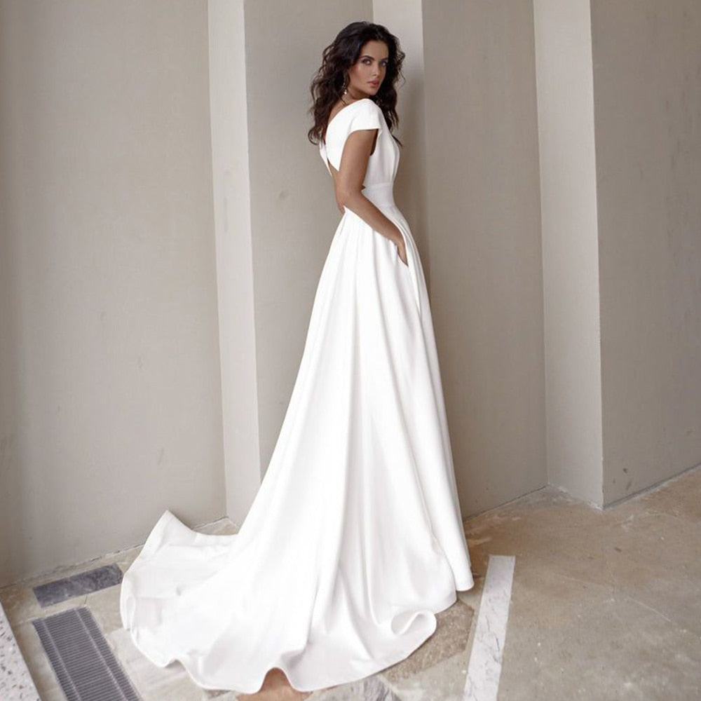 Modest V-Neck Wedding Dress With Short Sleeves Sweep Train High Slit And Pockets