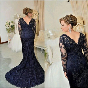 Charming Dark Navy Lace Mermaid Long Sleeve Mother of the Bride
