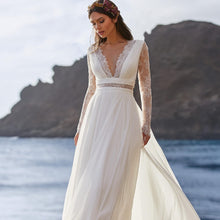 Load image into Gallery viewer, Bohemian Wedding Dress Made In Chiffon Featuring Long Sleeves Low Cut V-Neck A-Line Bodice And Lace Back