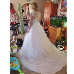 Stunning Scoop Lace A Line Wedding Dress Sleeveless Featuring Tulle Skirt With Long Train Elegant Princess Style
