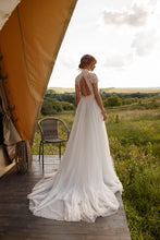 Load image into Gallery viewer, Vintage Boho Wedding Dress Features Lace Tulle High Neck And Cap Sleeves