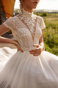 Vintage Boho Wedding Dress Features Lace Tulle High Neck And Cap Sleeves