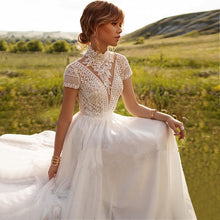 Load image into Gallery viewer, Vintage Boho Wedding Dress Features Lace Tulle High Neck And Cap Sleeves