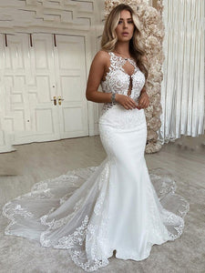 Sexy Mermaid Wedding Dress Scoop Neck And Lace Appliques Featuring Open Back C