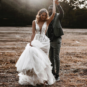 Sexy V-Neck Illusion Wedding Dress Boho Inspired With Lace Appliques