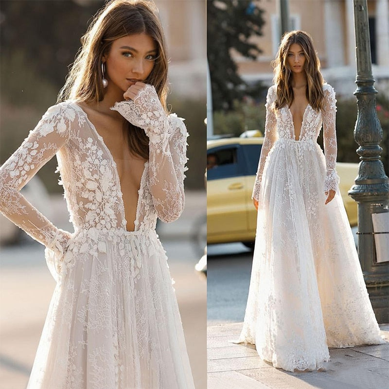 Sexy And Sophisticated Wedding Dress Features Deep V Neck Backless And 3D Floral Lace Appliques