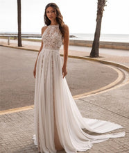 Load image into Gallery viewer, Bohemian Lace And Chiffon Sleeveless  Backless Halter Top Sweep Train Wedding Dress