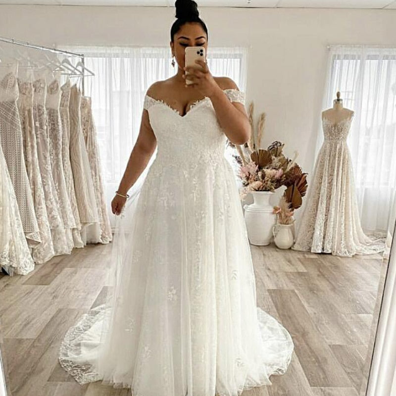 Beautiful Wedding Dress Plus Size A-Line Off The Shoulder With Lace Appliques And Sweep Train