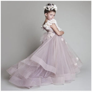 Fascinating Flower Girl Dress Sleeveless Court Train Handmade Flowers And Tulle Skirt - A Thrifty Bride Shop