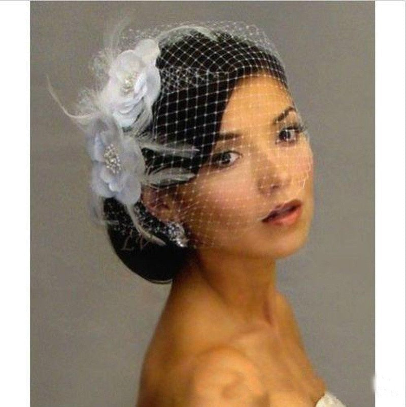Beautiful Bird Cage Veil Netting Face Short Feather Flower Bridal Fascinator Accessory