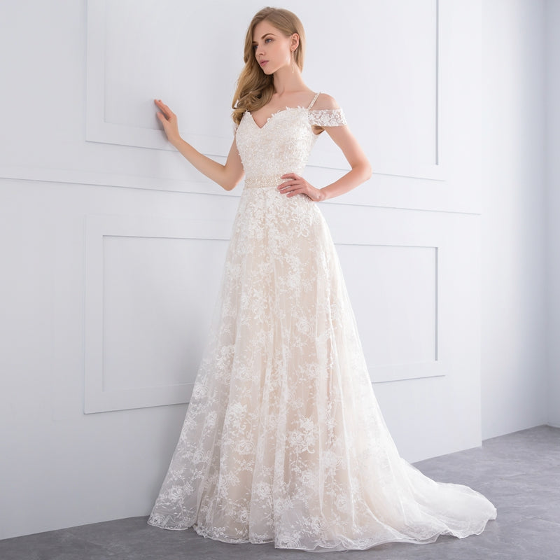 Fabulous A-Line Champagne Wedding Dress Features Court Train  Appliques Lace And Beading