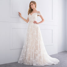 Load image into Gallery viewer, Fabulous A-Line Champagne Wedding Dress Features Court Train  Appliques Lace And Beading