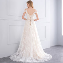 Load image into Gallery viewer, Fabulous A-Line Champagne Wedding Dress Features Court Train  Appliques Lace And Beading