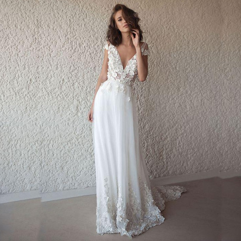 The Sales Rack-Sexy Bridal Dress Boho Style Backless With 3D Appliques Lace V Neck And Court Train