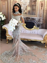 Load image into Gallery viewer, Luxury High Neck Long Train Beaded Mermaid  Wedding/Pageant/Prom Dress Free Shipping - A Thrifty Bride Shop
