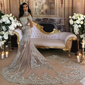 Luxury High Neck Long Train Beaded Mermaid  Wedding/Pageant/Prom Dress Free Shipping - A Thrifty Bride Shop