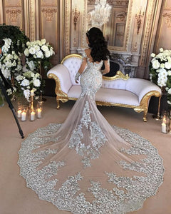 Luxury High Neck Long Train Beaded Mermaid  Wedding/Pageant/Prom Dress Free Shipping - A Thrifty Bride Shop