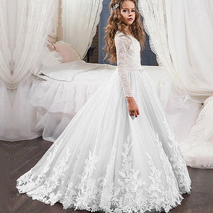 Elegant Lace Long Sleeves Flower Girl Dress With Court Train - A Thrifty Bride Shop